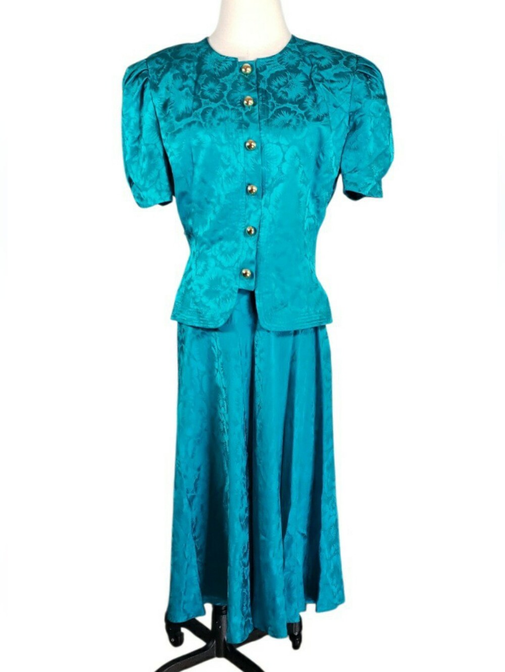 Vtg Maggie London Teal Silk Jacquard Skirt Set 14 Dallas Golden Girls Puff Slvs